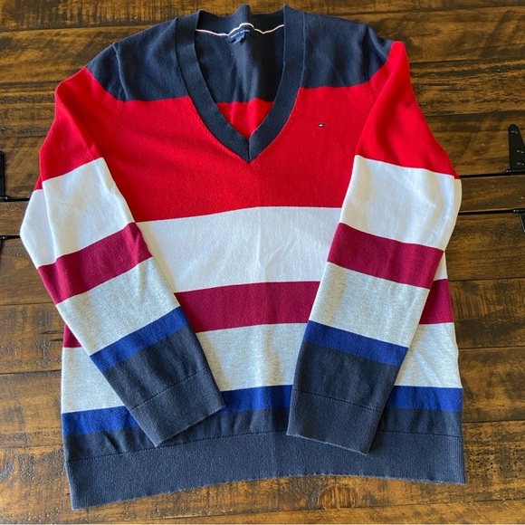 Tommy Hilfiger Womens Multicolor 100% Cotton V Neck Pullover Sweater Size L - Picture 1 of 8